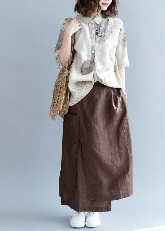 Plus Size Chocolate Asymmetrical Pockets Linen Skirts Spring