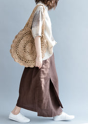 Plus Size Chocolate Asymmetrical Pockets Linen Skirts Spring