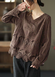 Plus Size Chocolate Casual Embroideried Hollow Out Fall Long sleeve Shirt Tops