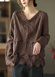 Plus Size Chocolate Casual Embroideried Hollow Out Fall Long sleeve Shirt Tops