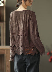 Plus Size Chocolate Casual Embroideried Hollow Out Fall Long sleeve Shirt Tops