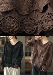 Plus Size Chocolate Casual Embroideried Hollow Out Fall Long sleeve Shirt Tops