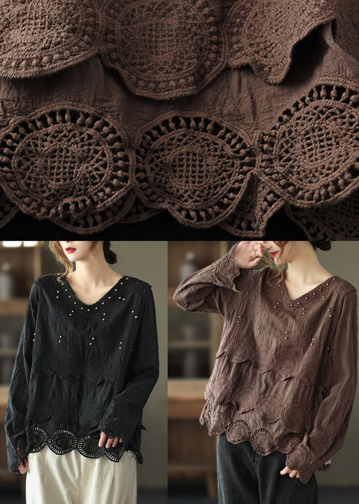 Plus Size Chocolate Casual Embroideried Hollow Out Fall Long sleeve Shirt Tops