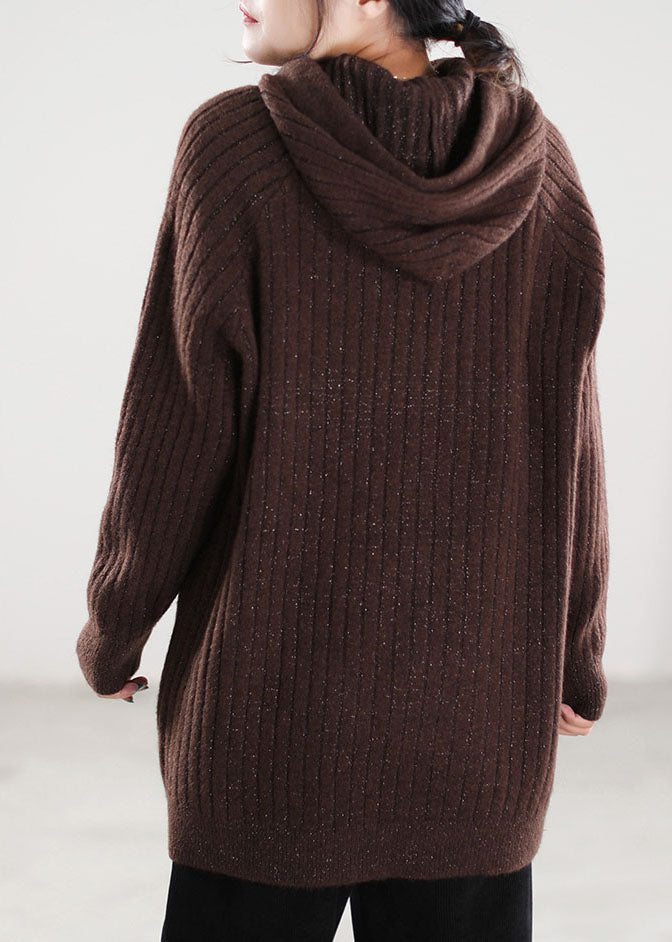 Plus Size Coffee Hooded Kordelzug Strickoberteile Frühling