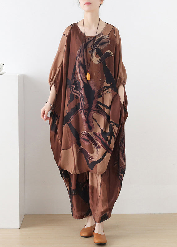 Plus Size Chocolate O-Neck Asymmetrical Print Silk Two Pieces Set Batwing Sleeve