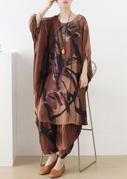 Plus Size Chocolate O-Neck Asymmetrical Print Silk Two Pieces Set Batwing Sleeve