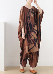 Plus Size Chocolate O-Neck Asymmetrical Print Silk Two Pieces Set Batwing Sleeve