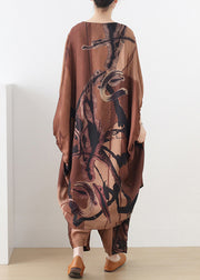 Plus Size Chocolate O-Neck Asymmetrical Print Silk Two Pieces Set Batwing Sleeve