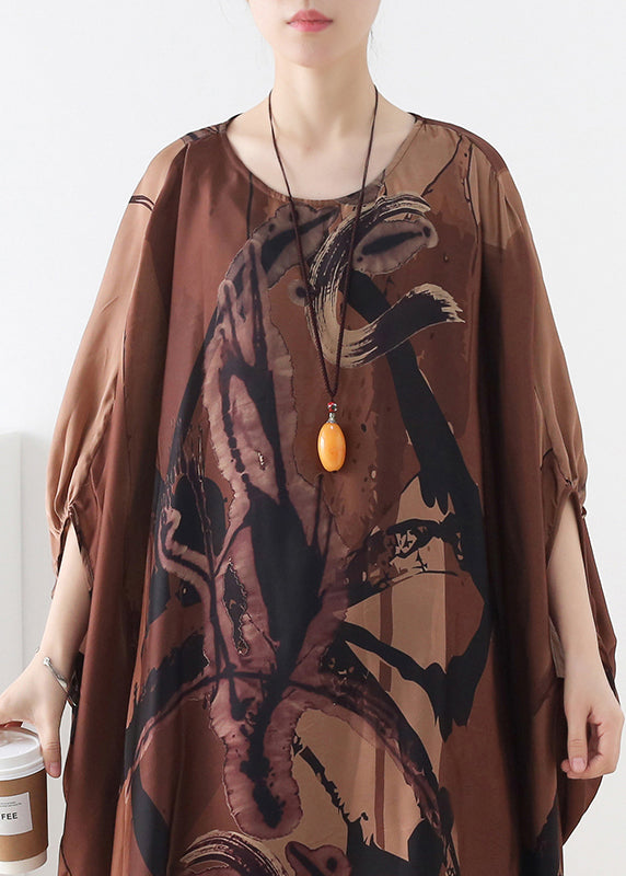 Plus Size Chocolate O-Neck Asymmetrical Print Silk Two Pieces Set Batwing Sleeve