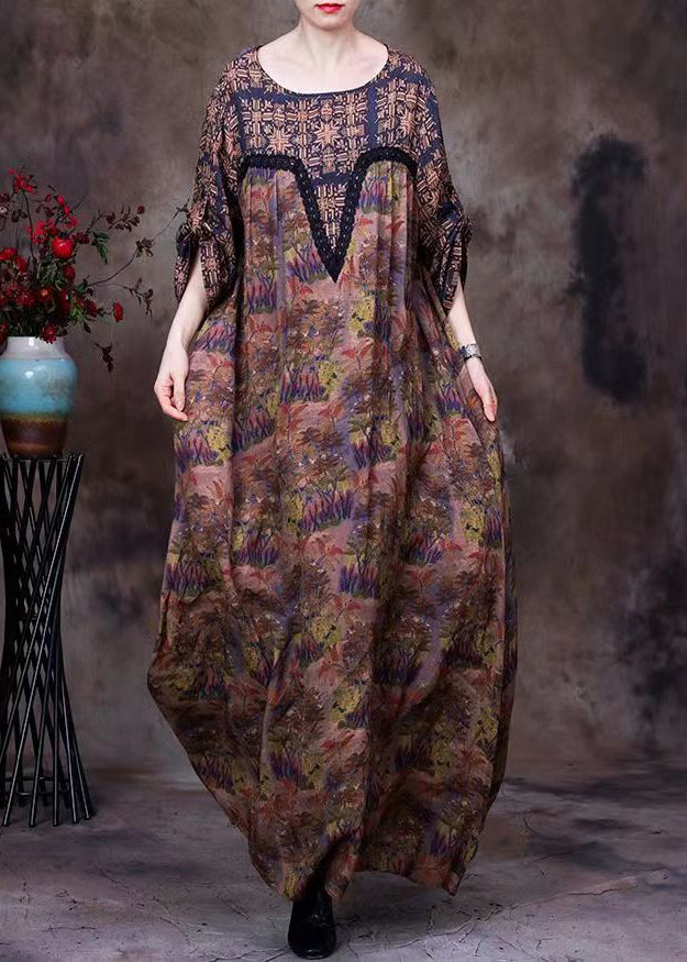 Plus Size Coffee O-Neck Lace Patchwork Print Silk Long Dresses Long Sleeve