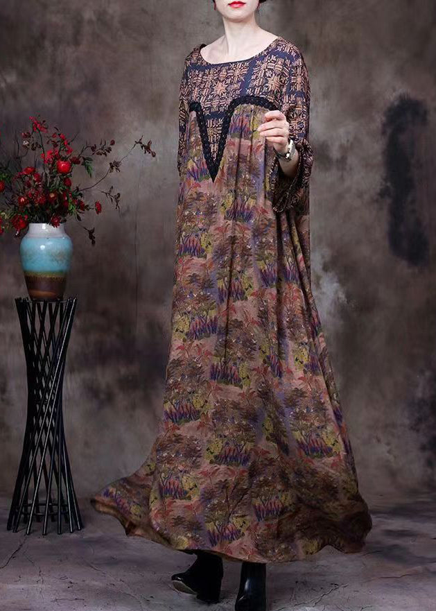 Plus Size Coffee O-Neck Lace Patchwork Print Silk Long Dresses Long Sleeve