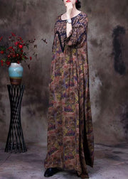 Plus Size Chocolate O-Neck Lace Patchwork Print Silk Long Dresses Long Sleeve