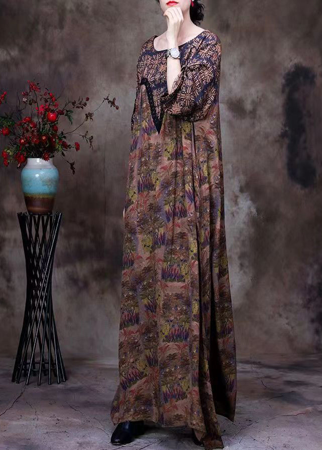 Plus Size Coffee O-Neck Lace Patchwork Print Silk Long Dresses Long Sleeve