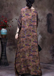 Plus Size Chocolate O-Neck Lace Patchwork Print Silk Long Dresses Long Sleeve