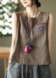 Plus Size Chocolate Pocket Patchwork Linen Tank Tops Sleeveless