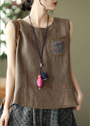 Plus Size Chocolate Pocket Patchwork Linen Tank Tops Sleeveless