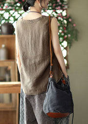 Plus Size Chocolate Pocket Patchwork Linen Tank Tops Sleeveless