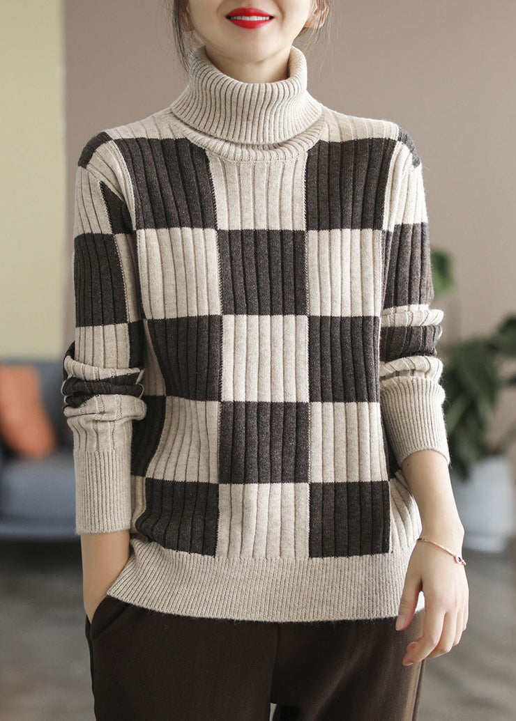 Plus Size Chocolate Turtle Neck Plaid Knit top Winter