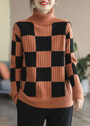 Plus Size Chocolate Turtle Neck Plaid Knit top Winter