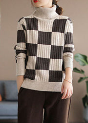 Plus Size Chocolate Turtle Neck Plaid Knit top Winter