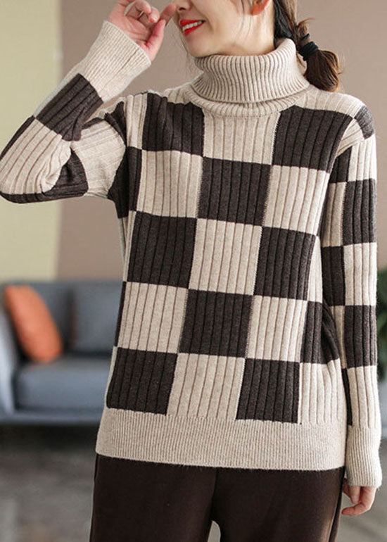 Plus Size Chocolate Turtle Neck Plaid Knit top Winter