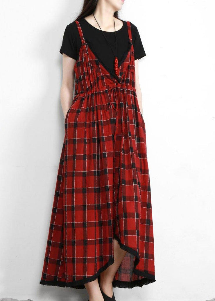 Plus Size Cotton Red Plaid Italian Dress V Neck - SooLinen