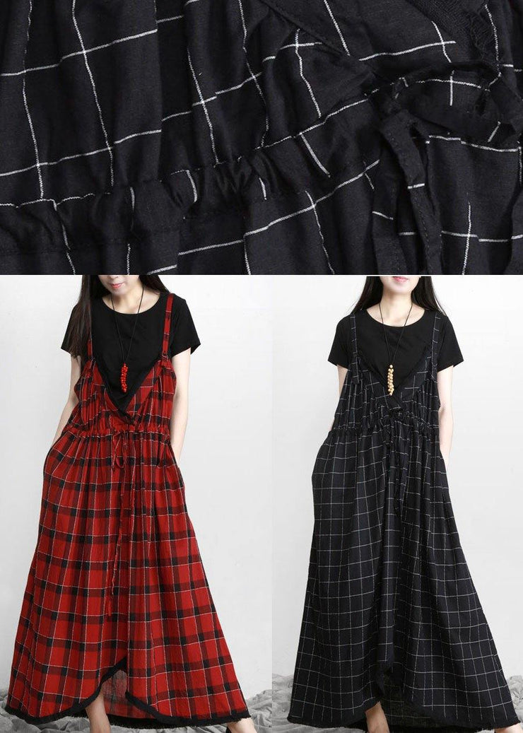 Plus Size Cotton Red Plaid Italian Dress V Neck - SooLinen