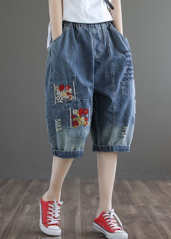 Plus Size Denim Blue Hole Embroideried Pockets Cotton Harem Pants Summer