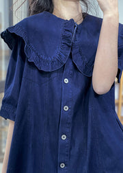 Plus Size Denim Blue Peter Pan Collar Ruffled Cotton Vacation Dresses Short Sleeve