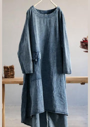 Plus Size Denim Blue U Neck Dress Large Hem Spring Mid Dress - SooLinen