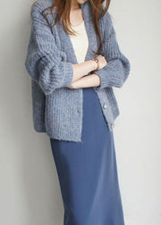 Plus Size Fine Blue Button Woolen Cardigan Winter