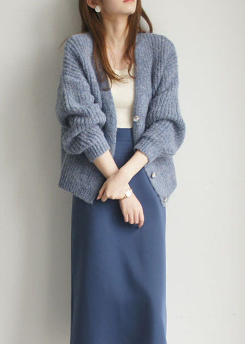 Plus Size Fine Blue Button Woolen Cardigan Winter