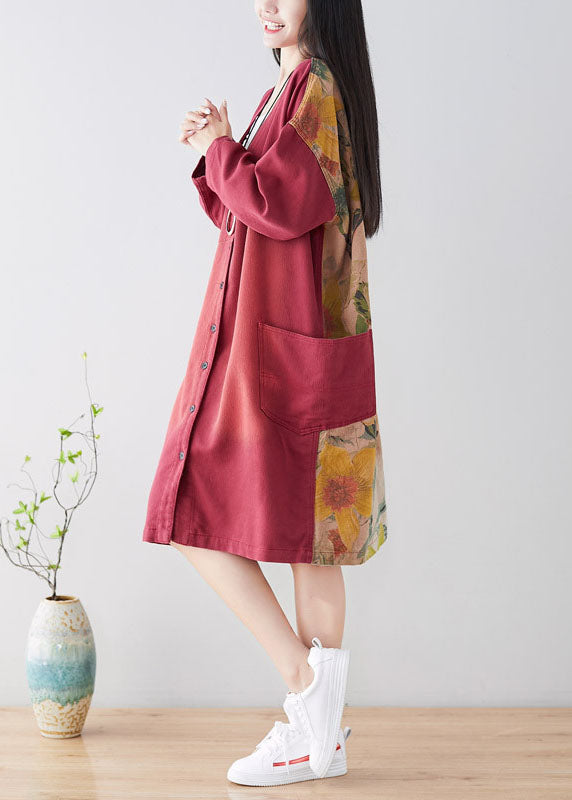 Plus Size French Red Pockets Casual Coat Spring