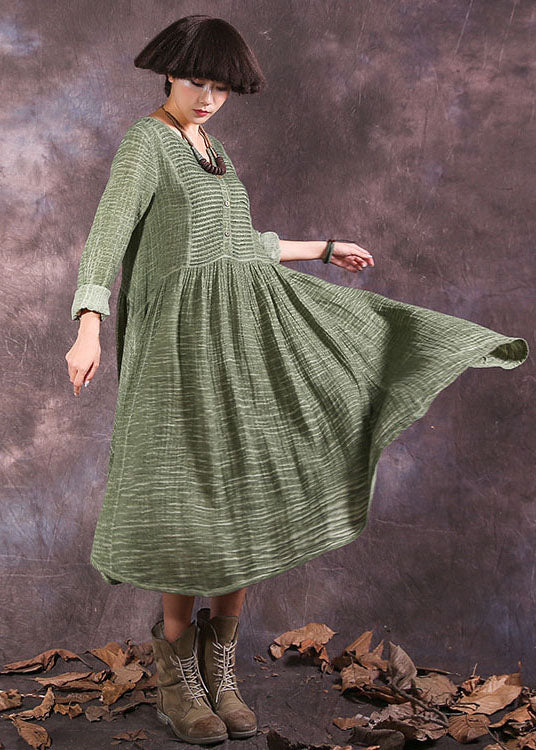 Plus Size Green Button Patchwork Cotton Dress Spring