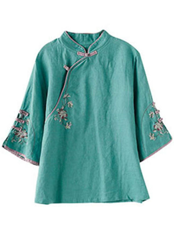 Plus Size Green Embroideried Button Tops Half Sleeve