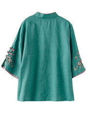 Plus Size Green Embroideried Button Tops Half Sleeve