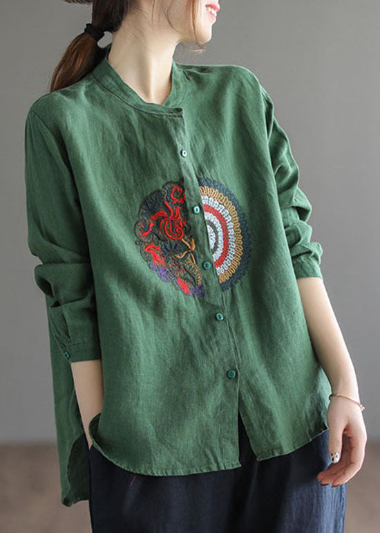 Plus Size Green Embroideried Linen Shirt Top Long Sleeve