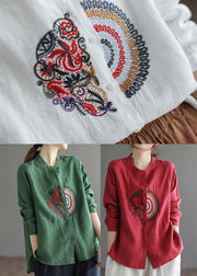 Plus Size Green Embroideried Linen Shirt Top Long Sleeve