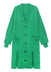 Plus Size Green Hole side open Button Fall Knit Long sleeve Cardigan