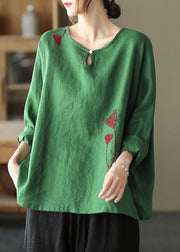 Plus Size Green Loose Embroideried Fall Linen Shirt Tops Long Sleeve - SooLinen