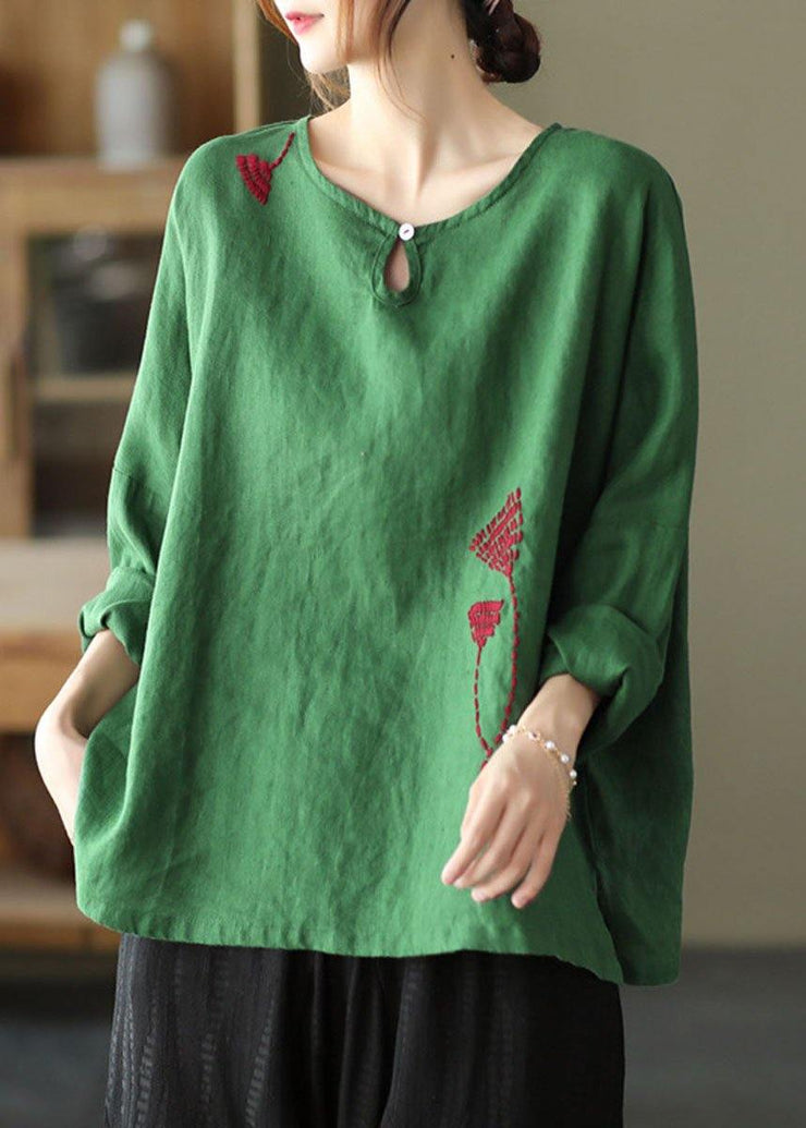 Plus Size Green Loose Embroideried Fall Linen Shirt Tops Long Sleeve - SooLinen