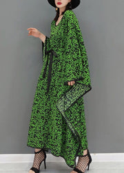 Plus Size Green O-Neck Print Batwing Dresses Long Sleeve