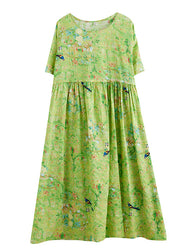 Plus Size Green O-Neck Print Exra Large Hem Wrinkled Cotton Long Dress Short Sleeve