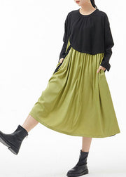 Plus Size Green O-Neck wrinkled Patchwork Dresses Spring