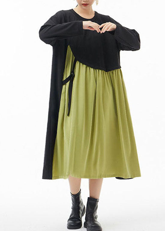 Plus Size Green O-Neck wrinkled Patchwork Dresses Spring