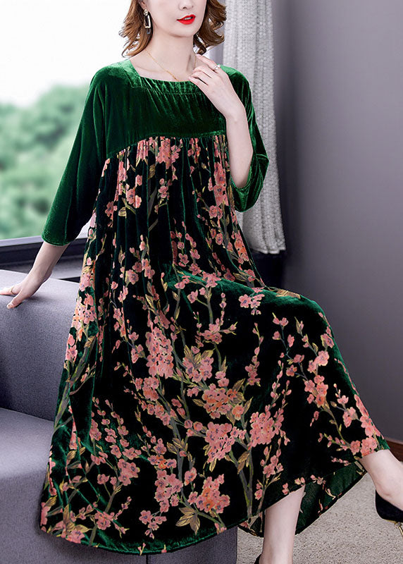 Plus Size Green Patchwork Print Velour Dresses Winter