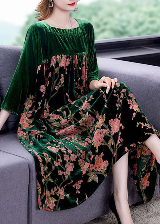 Plus Size Green Patchwork Print Velour Dresses Winter