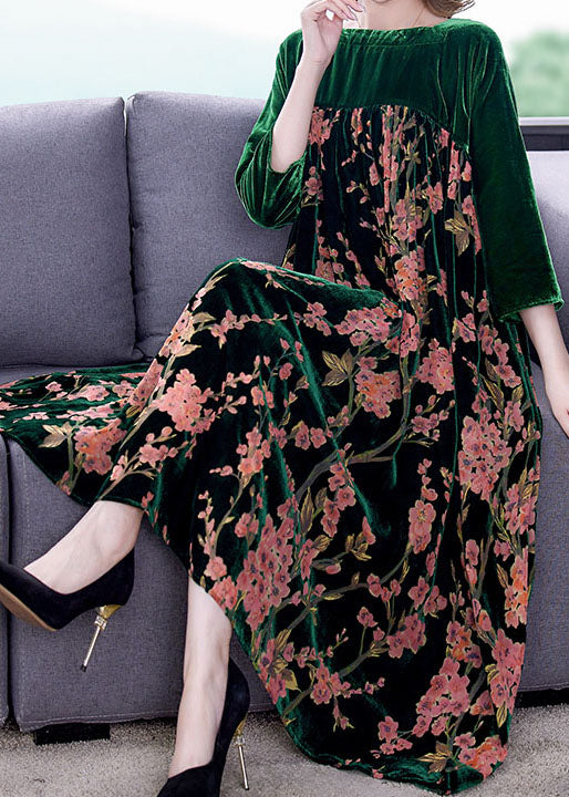 Plus Size Green Patchwork Print Velour Dresses Winter