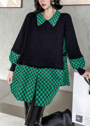 Plus Size Green Peter Pan Collar Plaid Patchwork Knit Pullover Spring