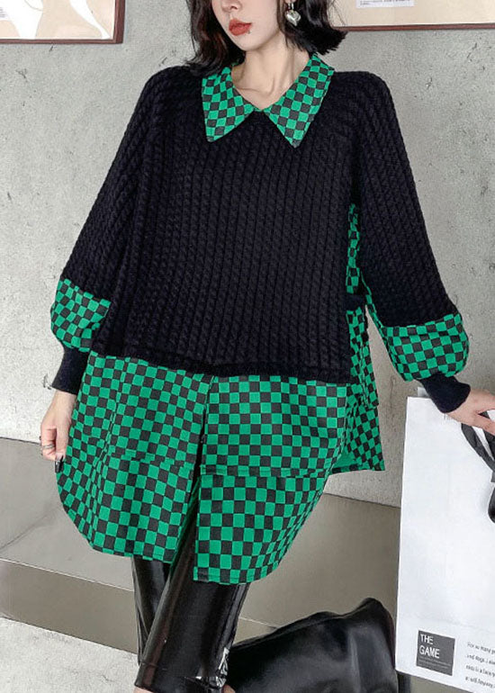 Plus Size Green Peter Pan Collar Plaid Patchwork Knit Pullover Spring